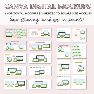 May include: A collection of 28 digital mockups for Canva, featuring various device frames and layouts. The mockups are designed to showcase digital products, such as websites, apps, and social media posts. The mockups are available in both horizontal and square formats.