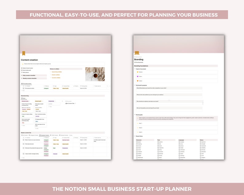 May include: A screenshot of a Notion page with a light pink background. The page is divided into two sections, one titled "Content Creation" and the other titled "Branding". The "Content Creation" section includes a list of content ideas, a calendar, and a section for tracking content performance. The "Branding" section includes a list of branding questions, a section for tracking brand assets, and a section for tracking brand metrics.