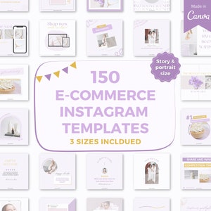 Op de afbeelding: Een verzameling van 150 paarse en gouden Instagram-sjablonen voor e-commercebedrijven. De sjablonen zijn beschikbaar in drie formaten: story, portret en vierkant. De tekst "Made in Canva" is zichtbaar in de rechterbovenhoek van de afbeelding.