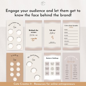 May include: A collection of beige and brown social media templates with text prompts like "Get to know me," "Behind the scenes," and "Ask me Anything!" The templates are designed for online entrepreneurs. The text "Cate Creates It" is at the bottom.