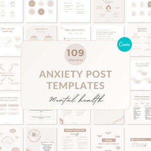 Op de afbeelding: Een verzameling van 109 social media post-sjablonen voor bewustwording van geestelijke gezondheid. De sjablonen hebben een minimalistische esthetiek met een beige en bruin kleurenschema. De tekst bevat zinnen als "Neem een dag voor je geestelijke gezondheid", "Tekenen dat je een pauze nodig hebt" en "Hoe iemand te ondersteunen tijdens een paniekaanval".