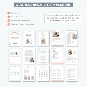 May include: A collection of ebook pages with a soft, minimalist design. The pages include cover designs, table of contents, welcome pages, and content layouts. The text "WOW YOUR READERS FROM PAGE ONE!" is at the top, with bullet points listing key sections.