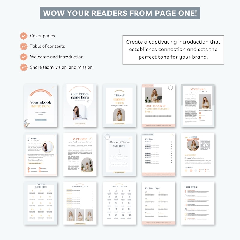 May include: A collection of ebook pages with a soft, minimalist design. The pages include cover designs, table of contents, welcome pages, and content layouts. The text "WOW YOUR READERS FROM PAGE ONE!" is at the top, with bullet points listing key sections.