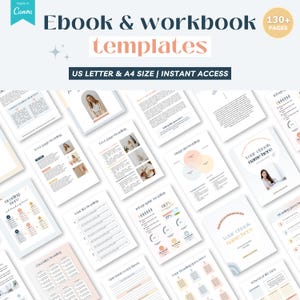 May include: A collection of ebook and workbook templates with the text "Ebook & workbook templates" and "US LETTER & A4 SIZE | INSTANT ACCESS". The templates include various page layouts with headings, diagrams, and images.