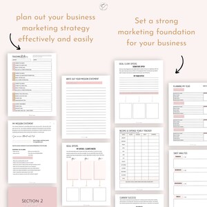 May include: A printable worksheet with a pink and white color scheme, designed to help plan a business marketing strategy. The worksheet includes sections for tracking allocations, writing a mission statement, identifying ideal client offers, planning for the year, tracking income and expenses, and conducting a SWOT analysis.