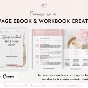 May include: A pink and white floral design template for an 80-page ebook and workbook creator. The template features a title page with the text "Ultimate Workbook" and "Title Goes Here". The template also includes a page with the text "Important Points" and a numbered list of five points. The template is designed to be used with Canva.