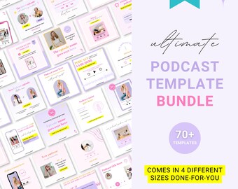 Peut inclure: Un ensemble de plus de 70 modèles de médias sociaux personnalisables pour podcast en rose, violet et jaune. Les modèles sont conçus pour être utilisés dans Canva et sont disponibles en quatre tailles différentes. Le texte sur l'image indique "ultimate podcast template bundle" et "70+ templates".