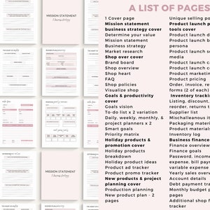 May include: A list of pages for a business planning journal with a pink and white color scheme. The pages include sections for mission statement, business strategy, market research, shop overview, goals, inventory, finances, and more.