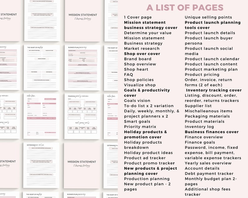 May include: A list of pages for a business planning journal with a pink and white color scheme. The pages include sections for mission statement, business strategy, market research, shop overview, goals, inventory, finances, and more.
