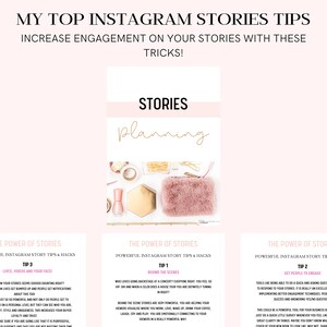 Puede incluir: Un gr&aacute;fico rosa y blanco con el texto "My Top Instagram Stories Tips" y "Increase Engagement on Your Stories with These Tricks!" El gr&aacute;fico est&aacute; dividido en tres secciones, cada una con un consejo diferente para crear historias de Instagram atractivas. El primer consejo es "Behind the Scenes", el segundo consejo es "Get People to Engage", y el tercer consejo es "Lives, Videos and Your Face!"