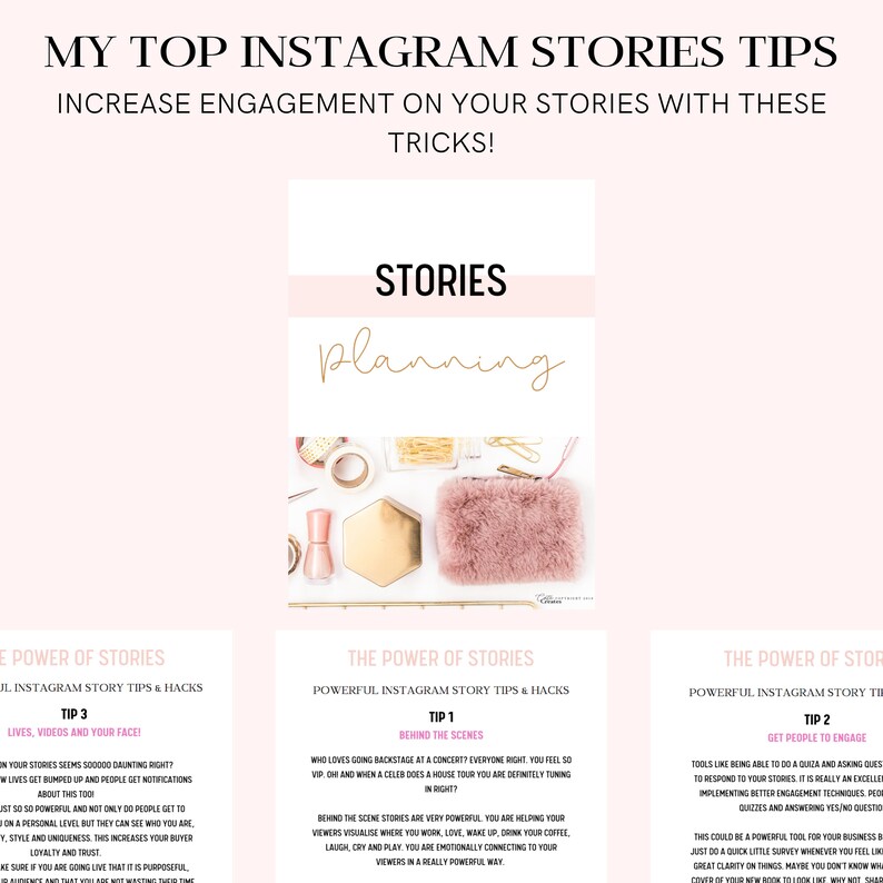 Puede incluir: Un gr&aacute;fico rosa y blanco con el texto "My Top Instagram Stories Tips" y "Increase Engagement on Your Stories with These Tricks!" El gr&aacute;fico est&aacute; dividido en tres secciones, cada una con un consejo diferente para crear historias de Instagram atractivas. El primer consejo es "Behind the Scenes", el segundo consejo es "Get People to Engage", y el tercer consejo es "Lives, Videos and Your Face!"