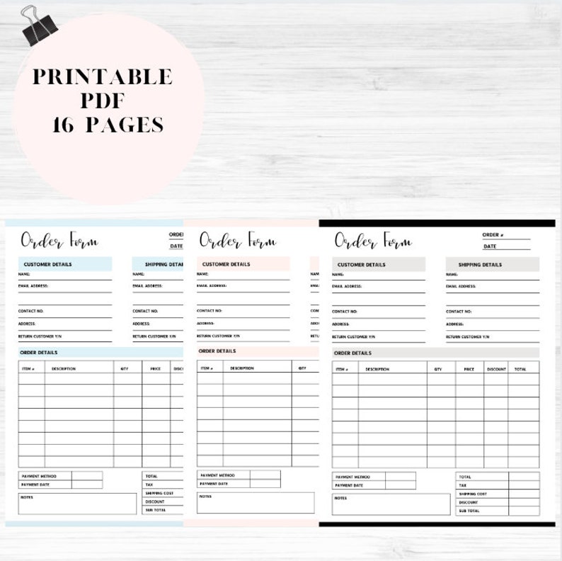 May include: Three printable order forms with black text on a white background. The forms are labeled "Order Form" and have sections for customer details, shipping details, and order details. The forms are designed for use with a pen or pencil.