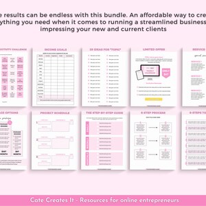 Puede incluir: Un planificador de negocios imprimible rosa y blanco con secciones para un desaf&iacute;o de productividad de 30 d&iacute;as, objetivos de ingresos, 28 ideas para un tema, una oferta limitada, opciones de servicio, opciones de paquete, un cronograma de proyectos, una gu&iacute;a paso a paso, un proceso de 6 pasos y 8 pasos hacia el &eacute;xito. El texto "Cate Creates It - Resources for online entrepreneurs" est&aacute; en la parte inferior de la p&aacute;gina.