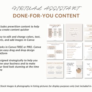May include: A digital marketing graphic with the text "Virtual Assistant Done-For-You Content" and a checklist of features. The graphic includes images of social media posts with text such as "Packages Offered", "Realign with Why You Do", "3 Ways to Grow Your Small Business", "3 Reasons to Hire a Virtual Assistant", "Things I Do Everyday", "Want to Work With Me?", "IG Growth You Need to Know", "Tools Used in My Services", and "How to Grow Your Business Without Burnout".