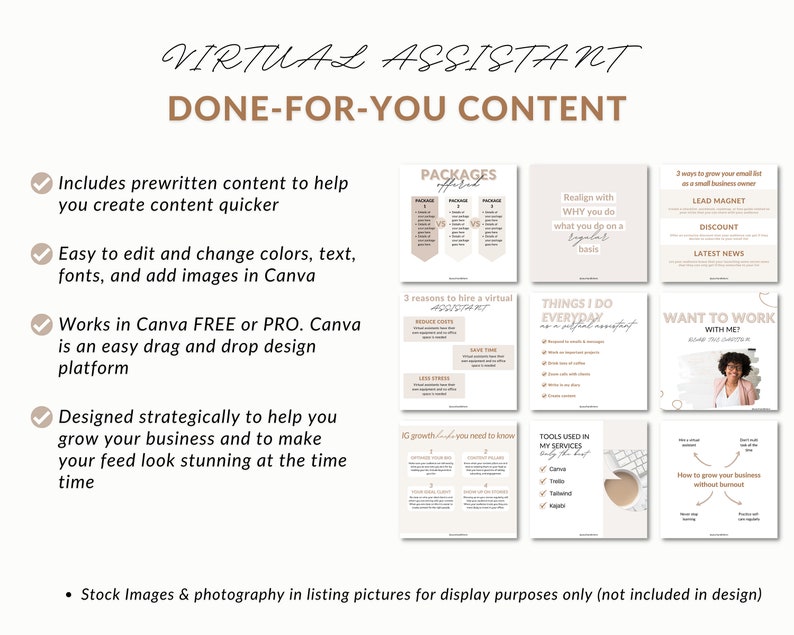 May include: A digital marketing graphic with the text "Virtual Assistant Done-For-You Content" and a checklist of features. The graphic includes images of social media posts with text such as "Packages Offered", "Realign with Why You Do", "3 Ways to Grow Your Small Business", "3 Reasons to Hire a Virtual Assistant", "Things I Do Everyday", "Want to Work With Me?", "IG Growth You Need to Know", "Tools Used in My Services", and "How to Grow Your Business Without Burnout".