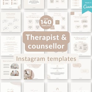 May include: A collage of 140 Instagram templates for therapists and counselors. The templates feature a neutral color palette of beige and white with text in a handwritten font. The text includes phrases like "Challenge Negative Thoughts", "Things to Remember", and "How to Support Someone that is Struggling Right Now".