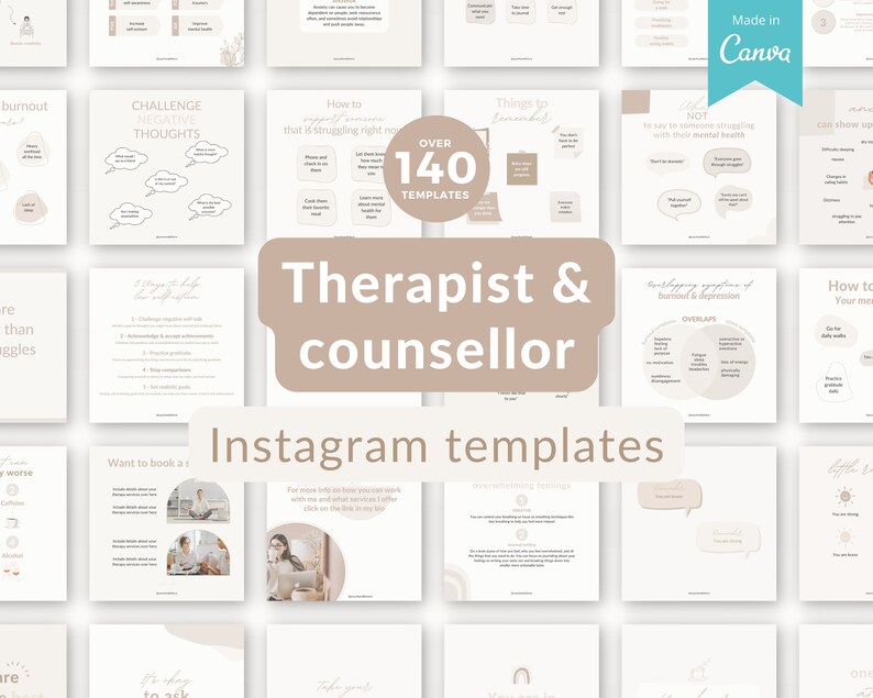 May include: A collage of 140 Instagram templates for therapists and counselors. The templates feature a neutral color palette of beige and white with text in a handwritten font. The text includes phrases like "Challenge Negative Thoughts", "Things to Remember", and "How to Support Someone that is Struggling Right Now".