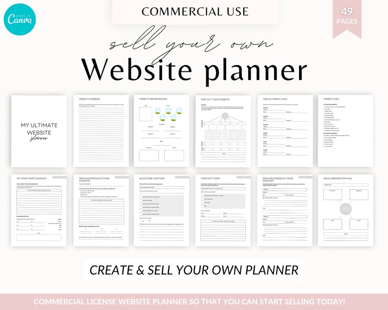 May include: A black and white printable website planner with the text "sell your own Website planner" and "MY ULTIMATE WEBSITE PLANNER" in a pink and white color scheme. The planner includes 49 pages and is designed to help you create and sell your own website planner.