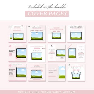 Pode incluir: Uma cole&ccedil;&atilde;o de nove maquetes de produtos digitais para um pacote de modelos Notion. As maquetes apresentam um laptop, um tablet e um telefone com um fundo de paisagem verde e azul. O texto "Ultimate Notion Template Name" e "Notion Life Planner" &eacute; vis&iacute;vel nas maquetes.