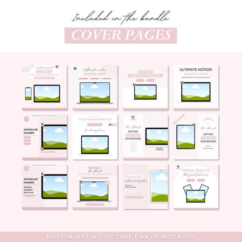 Pode incluir: Uma cole&ccedil;&atilde;o de nove maquetes de produtos digitais para um pacote de modelos Notion. As maquetes apresentam um laptop, um tablet e um telefone com um fundo de paisagem verde e azul. O texto "Ultimate Notion Template Name" e "Notion Life Planner" &eacute; vis&iacute;vel nas maquetes.