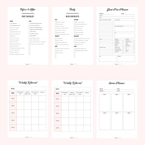 May include: A printable planner for bloggers with sections for daily, weekly, and series planning. The planner includes checklists for blog posts, social media, and email marketing.