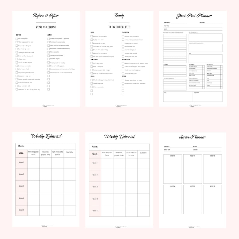 May include: A printable planner for bloggers with sections for daily, weekly, and series planning. The planner includes checklists for blog posts, social media, and email marketing.