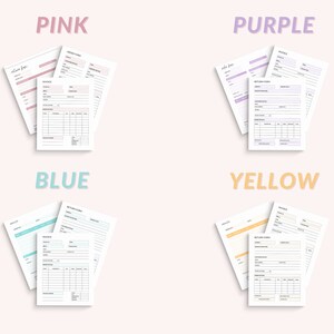 May include: Four printable templates for invoices and return forms in pink, purple, blue, and yellow. Each template includes sections for customer information, order details, and a table for itemized purchases.