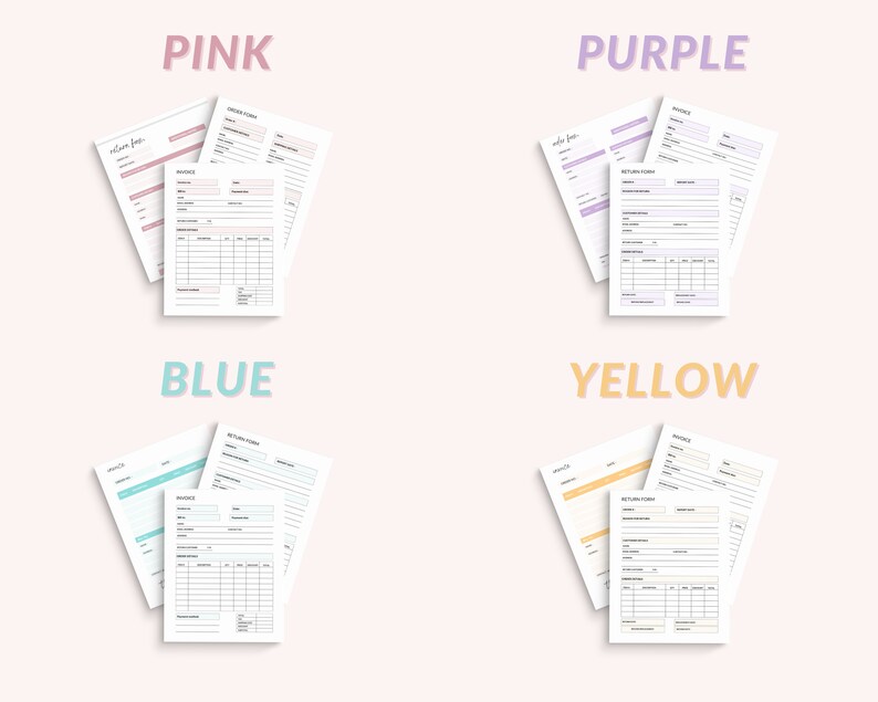 May include: Four printable templates for invoices and return forms in pink, purple, blue, and yellow. Each template includes sections for customer information, order details, and a table for itemized purchases.
