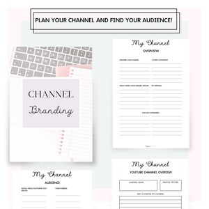 May include: A printable worksheet with the title "Plan Your Channel and Find Your Audience!"  The worksheet is divided into three sections: "My Channel Overview", "My Channel Audience", and "My Channel YouTube Channel Overview". Each section has a series of questions to help you plan your YouTube channel.