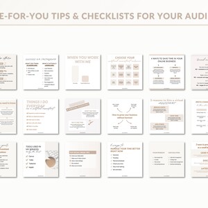 May include: A collection of 16 beige and brown social media post templates with text in a serif font. The templates include tips and checklists for growing an online business, managing time, and using social media.