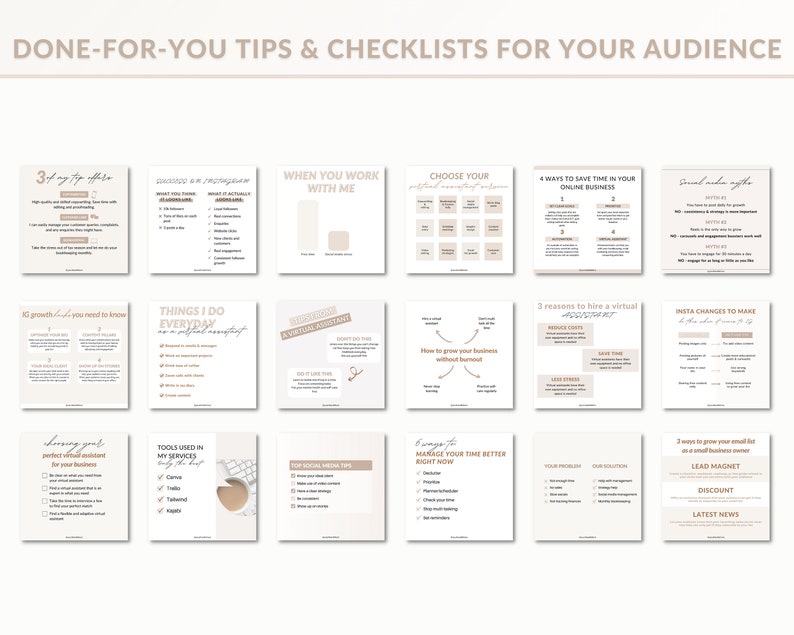 May include: A collection of 16 beige and brown social media post templates with text in a serif font. The templates include tips and checklists for growing an online business, managing time, and using social media.