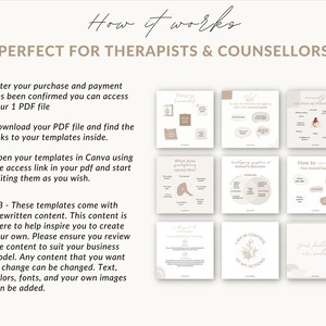 May include: A digital download of Canva templates for therapists and counselors. The templates feature a neutral color palette with beige and brown tones. The text on the templates includes phrases like "Things to Remember", "What does gaslighting sound like?", "How to reset your mental health", and "I am in control of my actions".