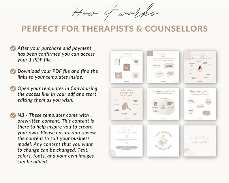 May include: A digital download of Canva templates for therapists and counselors. The templates feature a neutral color palette with beige and brown tones. The text on the templates includes phrases like "Things to Remember", "What does gaslighting sound like?", "How to reset your mental health", and "I am in control of my actions".
