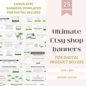 May include: A set of 25 Etsy shop banner templates for digital sellers. The design features multiple banner layouts with spaces for shop names and product images, with the text "Ultimate Etsy shop banners for digital product sellers."