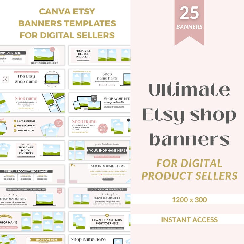May include: A set of 25 Etsy shop banner templates for digital sellers. The design features multiple banner layouts with spaces for shop names and product images, with the text "Ultimate Etsy shop banners for digital product sellers."