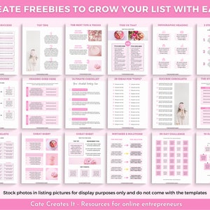 Puede incluir: Un conjunto de plantillas imprimibles para crear obsequios gratuitos para hacer crecer una lista de correo electr&oacute;nico. Las plantillas est&aacute;n dise&ntilde;adas con un esquema de color rosa y blanco y presentan varios dise&ntilde;os, incluidas listas de verificaci&oacute;n, hojas de trucos y gu&iacute;as paso a paso.