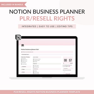 May include: A laptop screen displaying a Notion business planner template with the text "Notion business planner hub" and "PLR/RESELL RIGHTS NOTION BUSINESS PLANNER TEMPLATE". The template is pink and white and includes sections for "Productivity & Planning", "Start Your Biz", "Marketing", and "Biz Essentials".