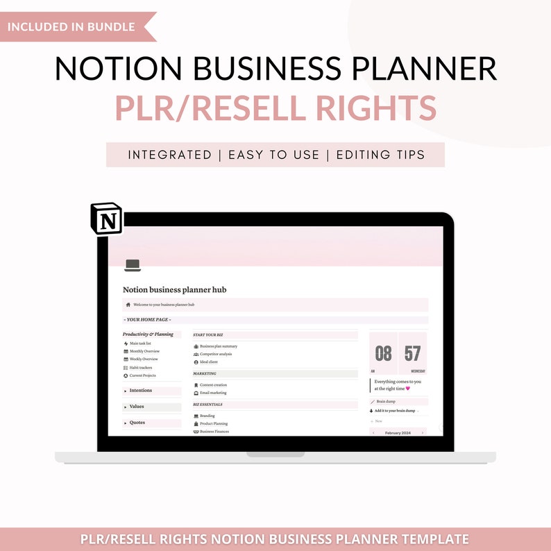 May include: A laptop screen displaying a Notion business planner template with the text "Notion business planner hub" and "PLR/RESELL RIGHTS NOTION BUSINESS PLANNER TEMPLATE". The template is pink and white and includes sections for "Productivity & Planning", "Start Your Biz", "Marketing", and "Biz Essentials".