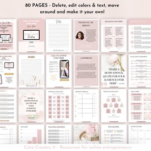 May include: A set of 80 printable pages for online entrepreneurs. The pages are designed in a pink and white color scheme with gold accents. The pages include templates for notes, call to action, copyright, project schedule, cheat sheet, evaluation assessment, bar chart, infographic, and month planner.