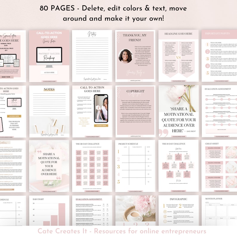 May include: A set of 80 printable pages for online entrepreneurs. The pages are designed in a pink and white color scheme with gold accents. The pages include templates for notes, call to action, copyright, project schedule, cheat sheet, evaluation assessment, bar chart, infographic, and month planner.