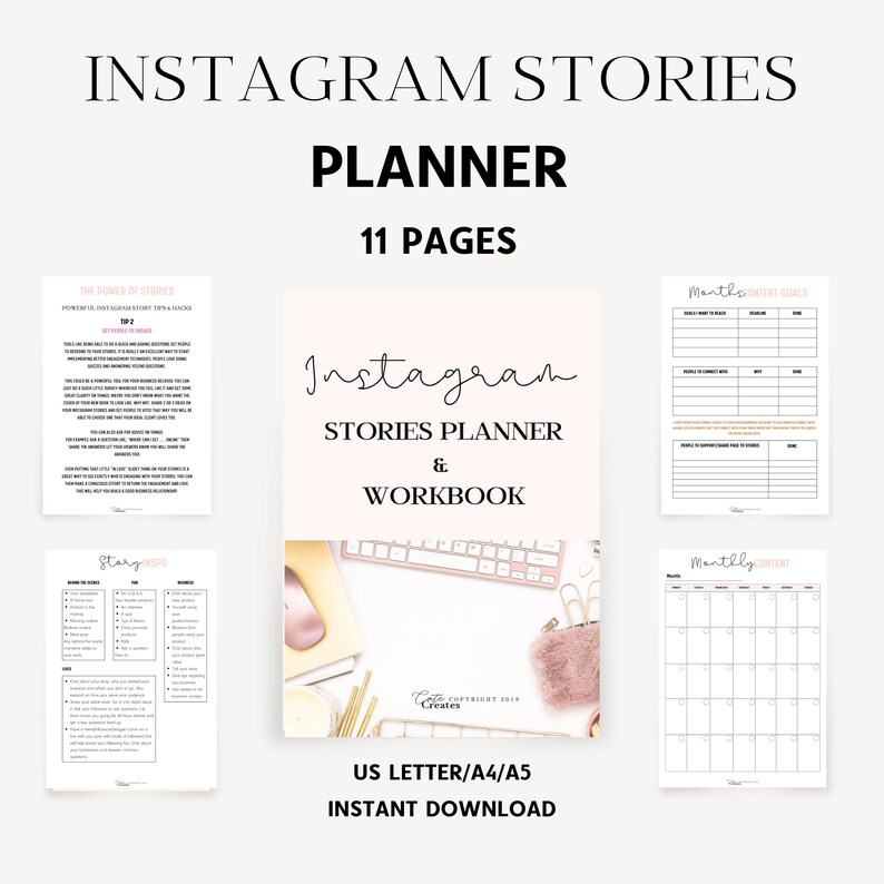 Puede incluir: Un planificador y un cuaderno de ejercicios imprimibles para Instagram Stories de color rosa y blanco con el texto "Instagram Stories Planner & Workbook" y "US Letter/A4/A5 Instant Download".