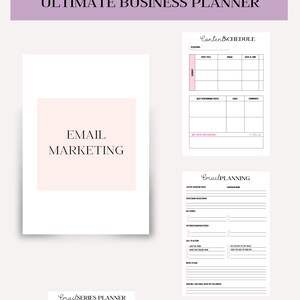 May include: A printable email marketing template planner with sections for content scheduling, email planning, email series planning, and email marketing. The planner is designed to help businesses plan and execute their email marketing strategy.