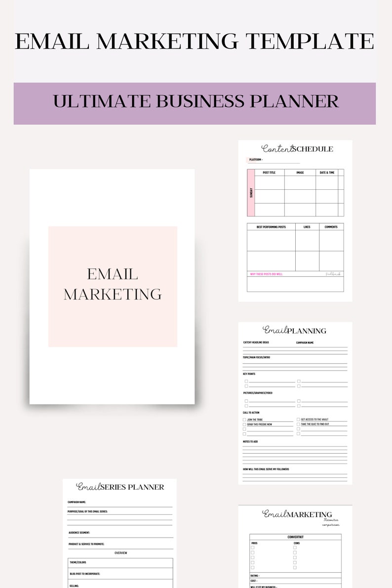 May include: A printable email marketing template planner with sections for content scheduling, email planning, email series planning, and email marketing. The planner is designed to help businesses plan and execute their email marketing strategy.