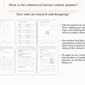 May include: A black and white printable website planner with 49 pages. The planner includes sections for priority to-do lists, password trackers, goals brainstorming, project planning, services/product page content, and website project planning. The text "Edit the planner by changing fonts, adding your colors, logo, and anything else you want to create a bestseller!" is included in the image.