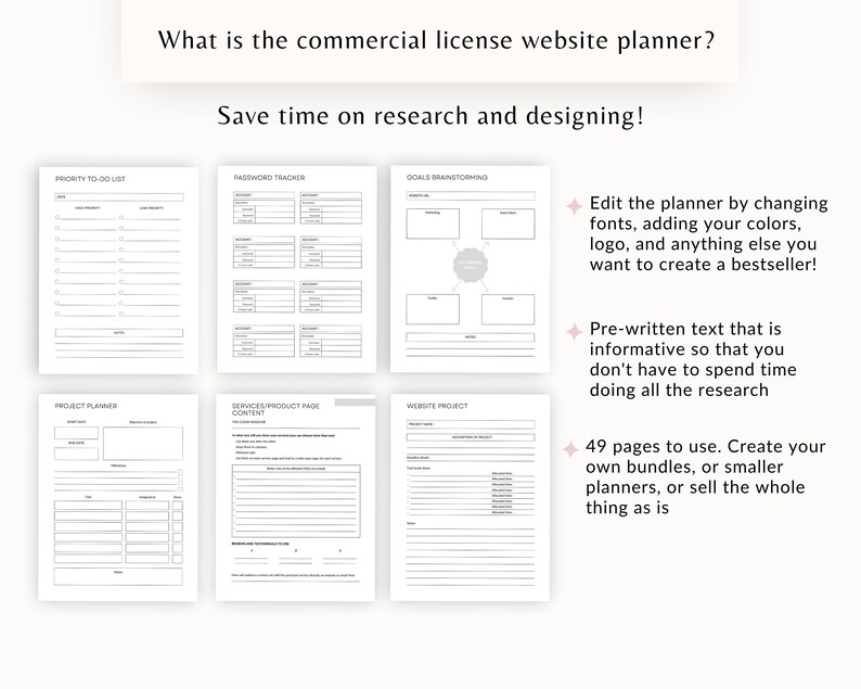 May include: A black and white printable website planner with 49 pages. The planner includes sections for priority to-do lists, password trackers, goals brainstorming, project planning, services/product page content, and website project planning. The text "Edit the planner by changing fonts, adding your colors, logo, and anything else you want to create a bestseller!" is included in the image.