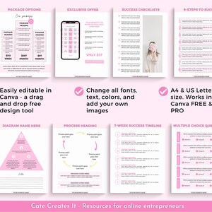 Puede incluir: Una plantilla de planificador digital rosa y blanco para Canva con texto que dice "F&aacute;cilmente editable en Canva - una herramienta de arrastrar y soltar gratuita", "Cambiar todas las fuentes, el texto, los colores y agregar tus propias im&aacute;genes", "Tama&ntilde;o A4 y carta de EE. UU. Funciona en Canva GRATIS y PRO", y "Cate Creates It - Recursos para emprendedores en l&iacute;nea".