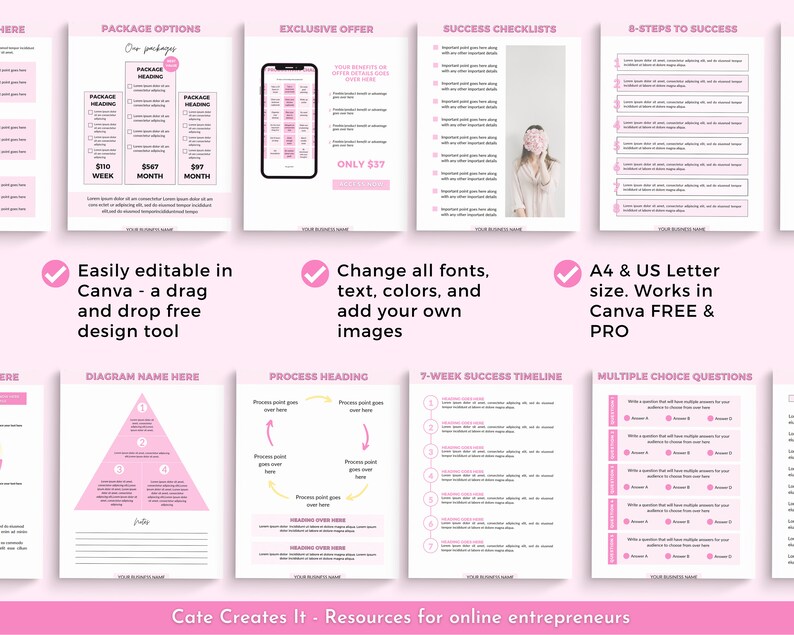 Puede incluir: Una plantilla de planificador digital rosa y blanco para Canva con texto que dice "F&aacute;cilmente editable en Canva - una herramienta de arrastrar y soltar gratuita", "Cambiar todas las fuentes, el texto, los colores y agregar tus propias im&aacute;genes", "Tama&ntilde;o A4 y carta de EE. UU. Funciona en Canva GRATIS y PRO", y "Cate Creates It - Recursos para emprendedores en l&iacute;nea".