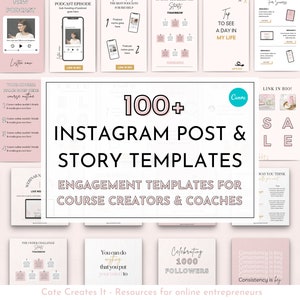 Op de afbeelding: Een roze en gouden grafiek met de tekst "100+ Instagram Post & Story Templates" en "Engagement Templates for Course Creators & Coaches". De grafiek is omringd door kleinere roze en gouden grafieken met verschillende tekst en afbeeldingen.