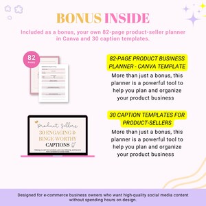 Puede incluir: Un recurso de marketing digital para vendedores de productos. La imagen muestra un planificador rosa y blanco de 82 p&aacute;ginas y una pantalla de computadora port&aacute;til que muestra 30 leyendas atractivas y dignas de un atrac&oacute;n. El texto "BONUS INSIDE" est&aacute; en la parte superior de la imagen.