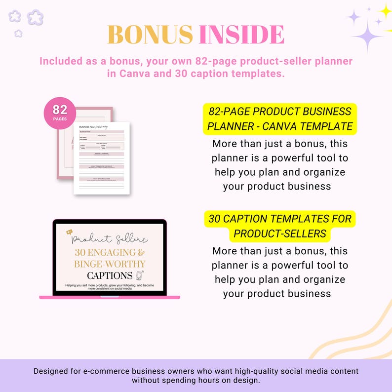 Puede incluir: Un recurso de marketing digital para vendedores de productos. La imagen muestra un planificador rosa y blanco de 82 p&aacute;ginas y una pantalla de computadora port&aacute;til que muestra 30 leyendas atractivas y dignas de un atrac&oacute;n. El texto "BONUS INSIDE" est&aacute; en la parte superior de la imagen.